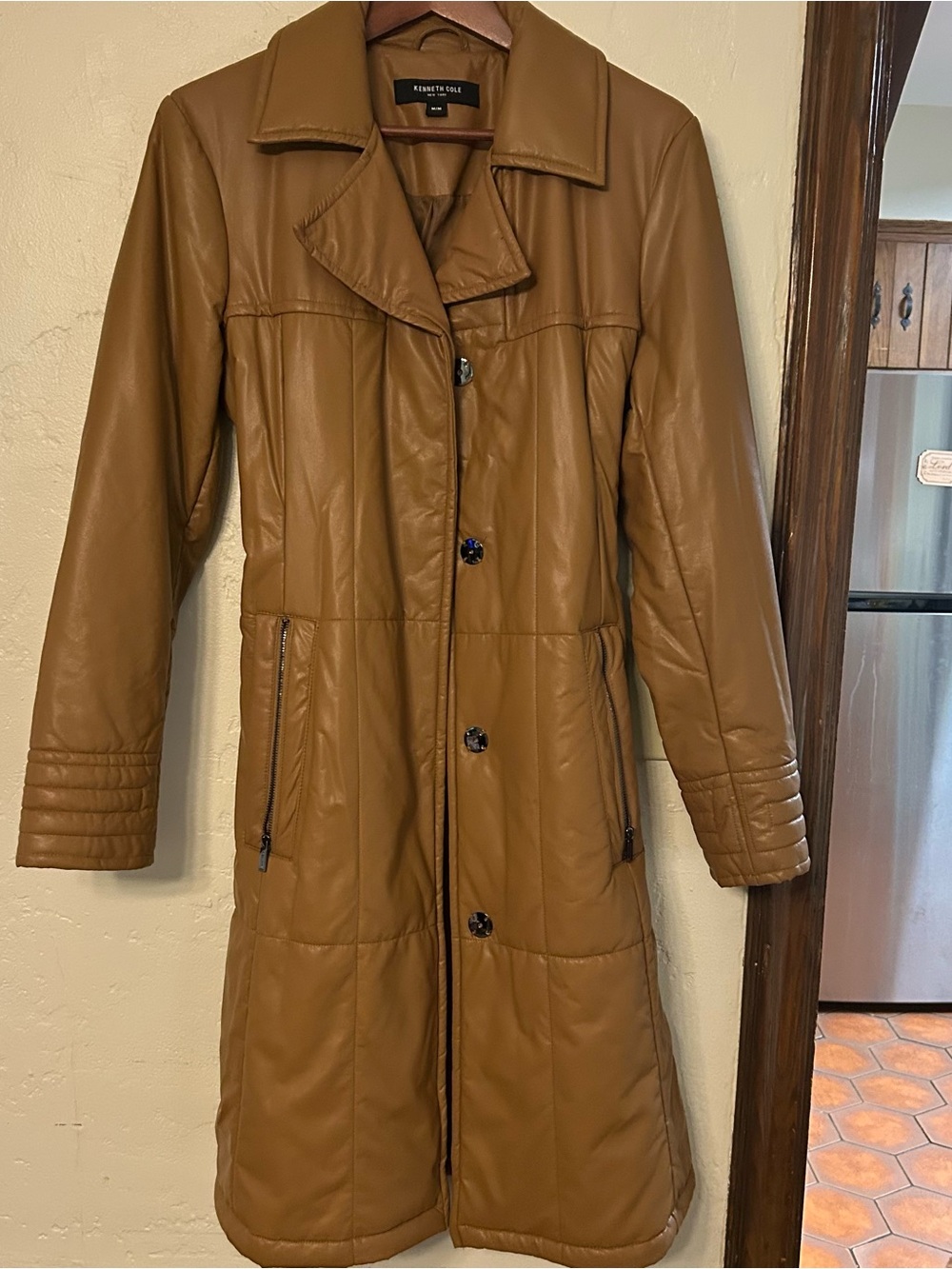 Kenneth Cole Camel Tan Quilted Faux Leather Trench Coat